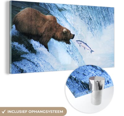 MuchoWow® Glasschilderij 40x20 cm - Schilderij acrylglas - Beer - Vis - Waterval - Foto op glas - Schilderijen