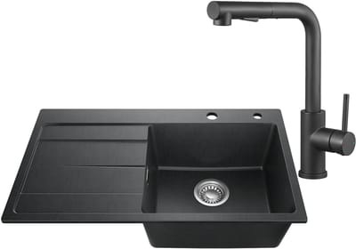 SOFETIY MAX Granieten Spoelbak 78x45CM Zwart - Spoelbakken Keuken Met Keukenkraan - Spoelbak Met Planchet en Afdruiprek - Spoelbakken Incl. Sifon en Afvoerzeefje