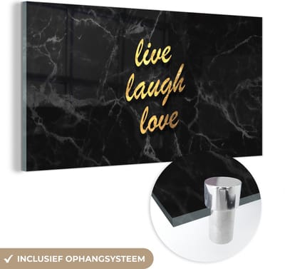 MuchoWow® Glasschilderij 40x20 cm - Schilderij acrylglas - Quote - Live - Love - Goud - Marmer - Foto op glas - Schilderijen