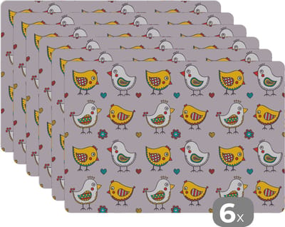 Placemat - Placemats kunststof - Patroon - Vogel - Kip - 45x30 cm - 6 stuks - Hittebestendig - Anti-Slip - Onderlegger - Afneembaar
