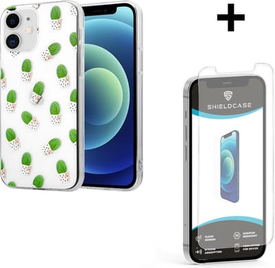 ShieldCase Cute Cactus geschikt voor Apple iPhone 12 / 12 Pro - 6.1 inch hoesje + glazen Screen Protector - Bescherming - Beschermglas - Hoesje met print - Siliconen TPU case transparant met cactus print