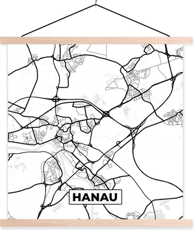 Posterhanger incl. Poster 40x40 cm - Schoolplaat - Plattegrond - Hanau - Stadskaart - Kaart - Textielposter - Blanke latten - Stadskaart