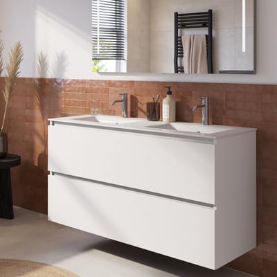 Saqu Terra badmeubel incl. dubbele glans witte keramische wastafel 120x46x66cm super wit glans