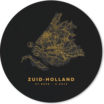 Muismat rond 20x20 cm - Mousepad Zuid-Holland - Wegenkaart Nederland - Goud - Ronde muismatten