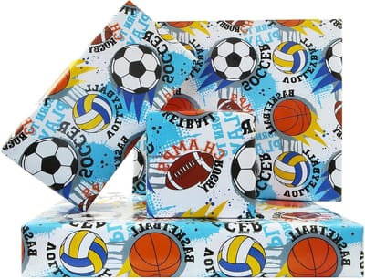 Sportthema inpakpapier voor geschenken, bedrukt met basketbal, volleybal, rugby en voetbal - ideaal voor verjaardagen, wedstrijden en vakanties voor jongens en meisjes