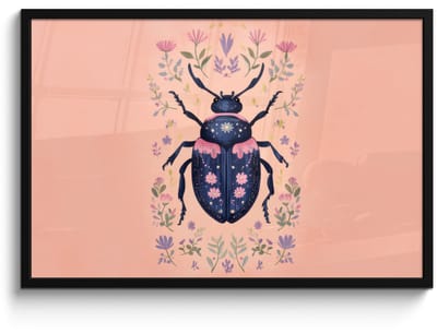 Poster in lijst - Fotolijst 90x60 cm - Posters - Kever - Donkerblauw - Bloemen - Sierlijk - Posterlijst zwart - Decoratie - Wanddecoratie woonkamer - Muurdecoratie slaapkamer