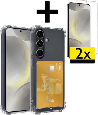 Hoesje - Geschikt voor Samsung Galaxy S24 - Met 2x Screenprotector - Pashouder - Kaarthouder - Telefoon Hoes Shockproof - Siliconen Case - Back Cover - Shock Proof - Pasjes Houder - Telefoonhoesjes - Transparant