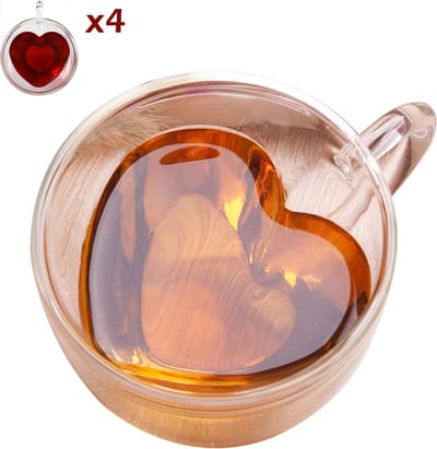 Malinsi® Dubbelwandige Glazen - Hartvorm Effect - 240 ml - Set van 4 stuks - Theeglazen Dubbelwandig - Theeglas met oor - Koffieglazen Cappuccino Latte macchiato - liefde mok - mokken cadeau voor Man & Vrouw Giftset - Geschenkset Vrouwen Gift Set