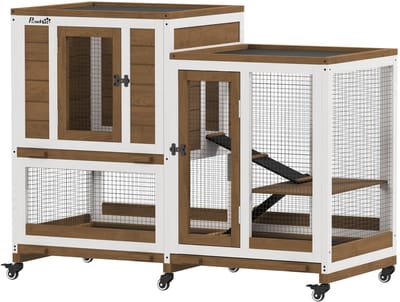Konijnenhok binnen met ren en wielen - 110x50x86 cm – Houten konijnenkooi met lade en helling – Binnenhok voor konijnen en knaagdieren - Bruin