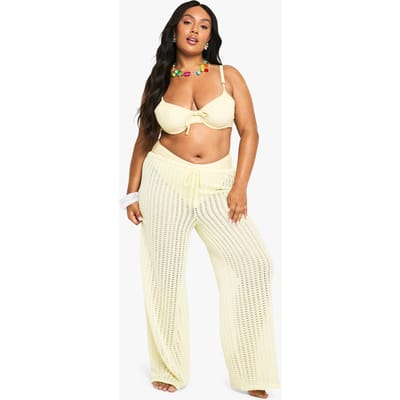 boohoo Dames Plus strandbroek met strikceintuur en elastische taille | Lemon | Maat: 16