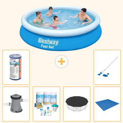 Bestway Rond Opblaasbaar Fast Set Zwembad - 366 x 76 cm - Blauw - Inclusief Pomp - Onderhoudspakket - Afdekzeil - Grondzeil - Filter - Stofzuiger - 7-delig