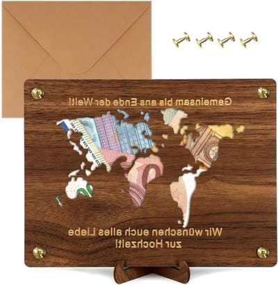 Houten Kaart voor Geldcadeaus, 20 x 15 cm, Wereldkaart voor Bankbiljetten, Creatief Trouwen, Reis- en Jubileumgeschenken