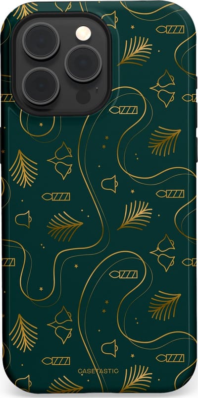 Casetastic hoesje geschikt voor Apple iPhone 15 Pro Max - MagSafe - Dubbellaagse bescherming - Groene kerst bellen en takken - Fashion Case - Donkergroen Donkergrijs Petrol