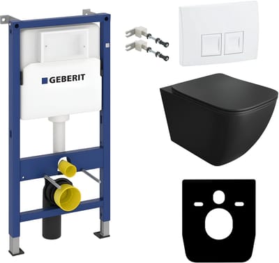 Inbouwreservoir Complete Toiletset Geberit Duofix Basic - Inbouw WC Hangtoilet Wandcloset ONIL BLACK Zwart Mat - Bedieningsplaat DELTA Wit - Voorwandelement - Installatiesysteem