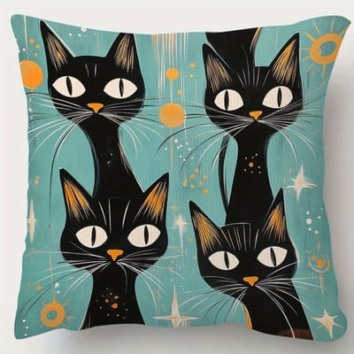Vintage Kat Kussenhoes, Mid Century Modern Zwarte Kat Kussensloop, Retro Dierendruk Woondecoratie, Bank Sierkussen 50x50cm