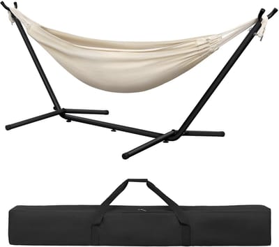 Jessi Store - Hangmat - Hangmat met standaard - Tweepersoons hangmat - 250 kg - Camping - Tuin - 280x106x100cm - Beige