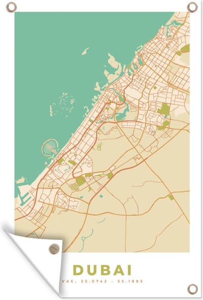 Muurdecoratie Dubai - Stadskaart - Plattegrond - Vintage - Kaart - 120x180 cm - Tuinposter - Tuindoek