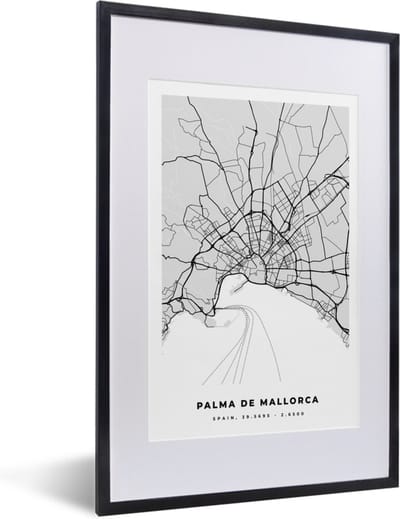 Fotolijst incl. Poster Zwart Wit- Mallorca - Stadskaart - Zwart Wit - Plattegrond - Kaart - 40x60 cm - Posterlijst