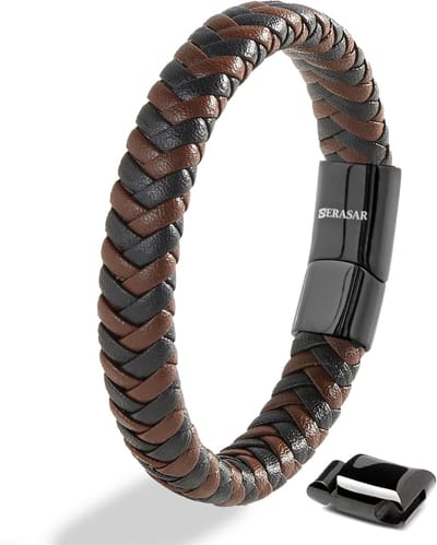 SERASAR Premium Echt Leren Armband voor Heren [Steady] Bruin, 17 cm, Magnetische Sluiting van Roestvrij Staal, Inclusief geschenkdoos