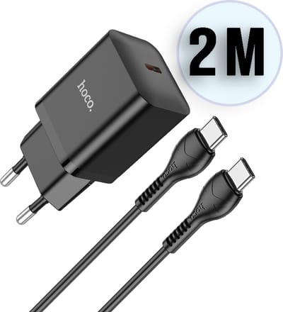 Hoco 20W Snellader + Kabel - Zwart - USB C Stekker met Kabel Geschikt voor Smartphones en Tablets - PD & QC Oplader Inclusief 2m Type-C naar Type-C Kabel
