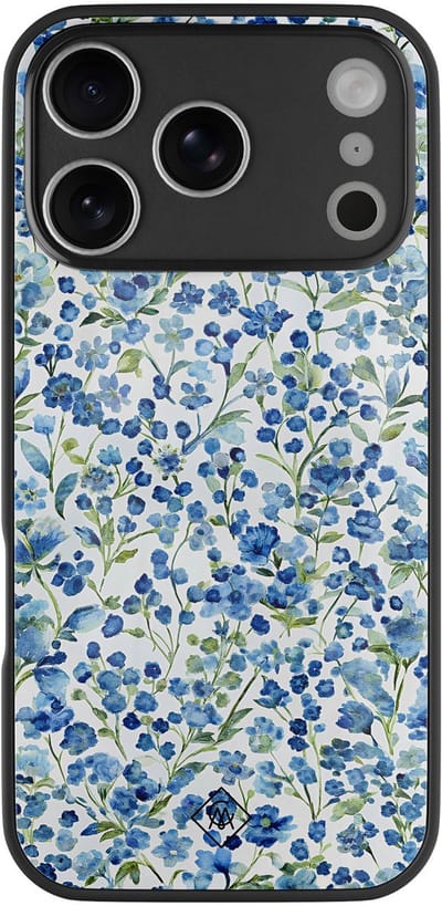 Casimoda® hoesje - Geschikt voor iPhone 17 Pro - Vintage Blue Floral - Luxe Hard Case Zwart - Backcover telefoonhoesje - Blauw