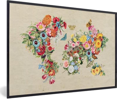 Fotolijst incl. Poster - Wereldkaart - Bloemen - Craft papier - 90x60 cm - Posterlijst