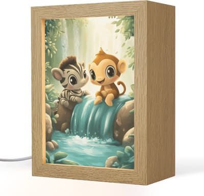 Nachtlampje 15x20 cm - Kinder lampje - Zebra - Aap - Cartoon - Waterval - Tafellamp kinderkamer - Slaapkamer lamp - Bedlamp kinderen - Kinderlampje stopcontact - Wandlamp babykamer - Nachtlampjes
