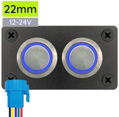 ProRide Metalen pulsschakelaar 12-24V OFF-(ON) - Inbouwpaneel tweevoudig - 22mm - IP67 - LED indicatie Blauw