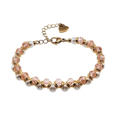 15 tot 20cm Armband Dames - Verguld RVS - Kristal en Schelp Parelarmband - Roze en Witte Armband - Verstelbare Kralenarmband