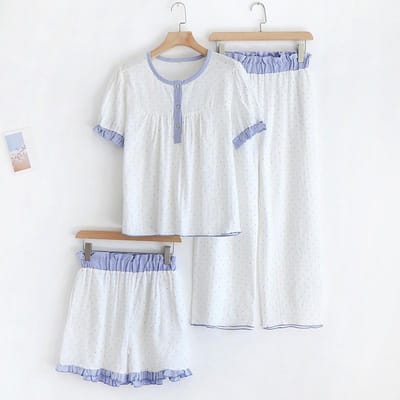 Lente en Zomer Nieuwe Damespyjama Driedelige Set Korte Mouwen + Shorts + Broek 100% Katoen Gaas Polkadot Loungewear Set XL