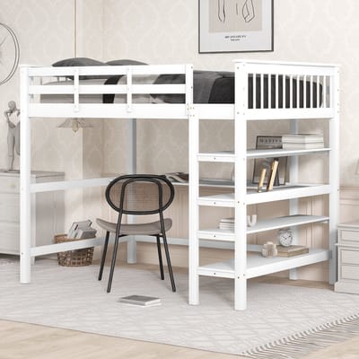 Merax Tweepersoonsbed Hoogslaper 140x200 cm - Bed met Bureau en Opbergruimte - Wit