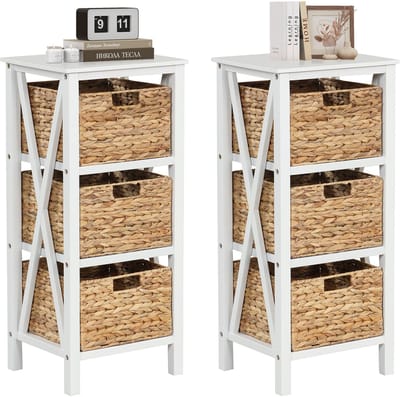 COSTWAY 3-traps nachtkastje met zeegrasmanden, smal X-design bijzettafel, salontafel met acaciahouten poten, opbergkast voor woonkamer, slaapkamer, walnoot (36 x 30 x 80 cm, set van 2)