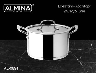 Almina Kookpan met Glazen Deksel - 24cm - 6L - Edelstaal - Zilver