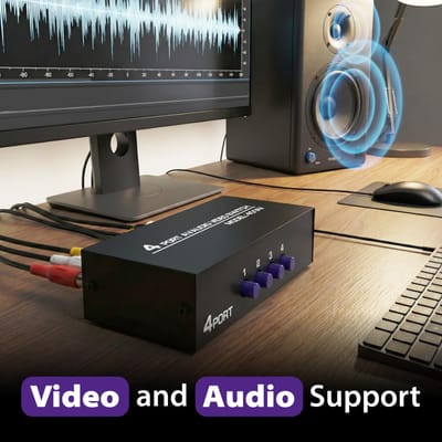 Fosmon Sélecteur AV Splitter RCA 4 Entrées 1 Sortie Boîtier de Commutation Stéréo Câble AV Composite RCA Inclus 1 Compatible avec et Consoles de Jeux 4 Voies & —