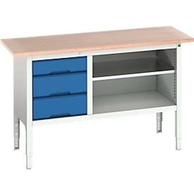 Box werkbank Bott verso, multiplexplaat, 3 laden & 1 legplank, B 1500 x D 600 x H 830 - 930 mm, RAL 7035 lichtgrijs / gentiaanblauw