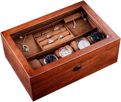 Houten Sieradendoos - Vintage Opberger - Sieraden Organiseren - Transparant Venster - 30 x 205 cm - Natuurlijk Hout
