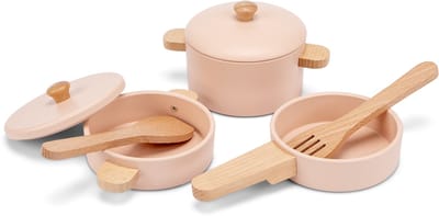 Woet® Houten Pannenset Roze - 7-delige Set met Kookgerei - Speelgoed Keukenset - Speelgoedkeuken Accessoires voor Kinderen - Rollenspel Keukenspeelgoed - Vanaf 2 Jaar