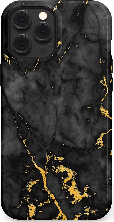 Casetastic hoesje geschikt voor Apple iPhone 12 Pro Max - MagSafe - Dubbellaagse bescherming - Zwarte Marmer Goud - Fashion Case - Zwart Goud