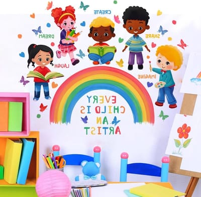Muurstickers met Cartoonfiguren | Regenboog Wanddecoratie voor Kinderkamer, Studie, Speelruimte en Klaslokaal