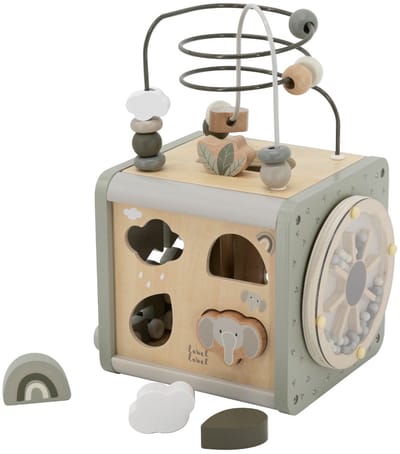 Label Label - 5-in-1 Houten Activiteitenkubus - Olive Green - FSC Hout - Vormenstoof, Xylofoon, Kralenspiraal & Meer - Stimuleert Hand-Oog Coördinatie en Vormherkenning - Geschikt voor Kindjes vanaf 18 Maanden