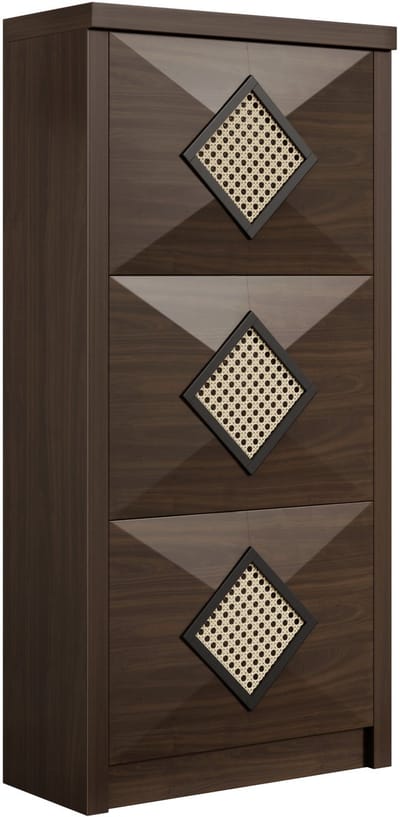 Vintage schoenenkast met rotan decor, 3 uitklapbare vakken, retro schoenenrek in donkerbruine houtlook, ruimtebesparende schoenenkast 54x25x115 cm, halmeubel in moderne landelijke stijl