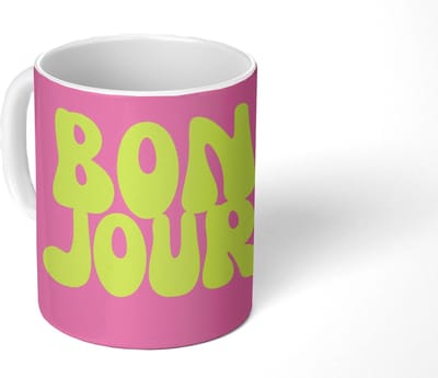 Mok - Koffiemok - Bonjour - Roze - Fel groen - Mokken - 350 ML - Beker - Koffiemokken - Theemok