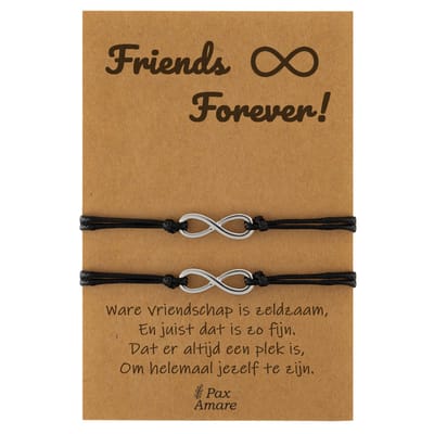 Vriendschapsarmbandjes voor 2 " Friends Forever ∞" - Oneindigheidsteken - BFF Armbandjes met Persoonlijk Cadeau Kaartje - Zilverkleurig - Elastisch Verstelbaar - Pax Amare