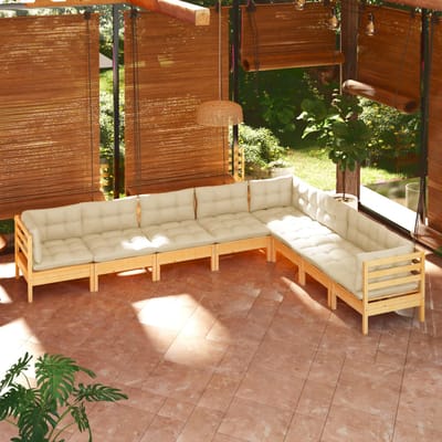 vidaXL - 8-delige - Loungeset - met - crèmekleurige - kussens - massief - grenenhout