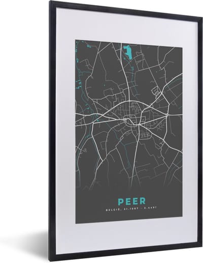 Fotolijst incl. Poster - Plattegrond – Peer – Blauw – Stadskaart - Kaart - België - 40x60 cm - Posterlijst