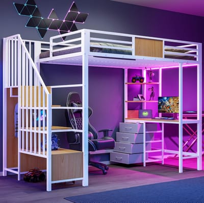 FloraGrace Hoogslaper 90x200 cm - Met Bureau, LED-Verlichting en Stopcontact - Met Opbergvakken en Kledingstang - Zonder Matras - Metaal - Wit