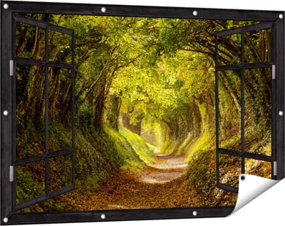 Gards Tuinposter Doorkijk Pad in het Bos met veel Bladeren - 120x80 cm - Tuindoek - Tuindecoratie - Wanddecoratie buiten - Tuinschilderij
