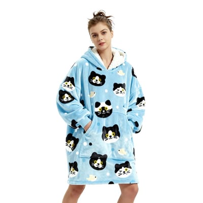 JAXY - Hoodie Deken - Snuggle Hoodie - Fleece Deken Met Mouwen - 1450 Gram - Kat lichtblauw