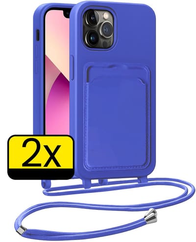 Hoesje Geschikt voor iPhone 13 Pro Telefoonhoesje Met Koord Case Pashouder Siliconen - Hoes Geschikt voor iPhone 13 Pro Hoesje Met Kaarthouder - Felblauw - 2 Stuks