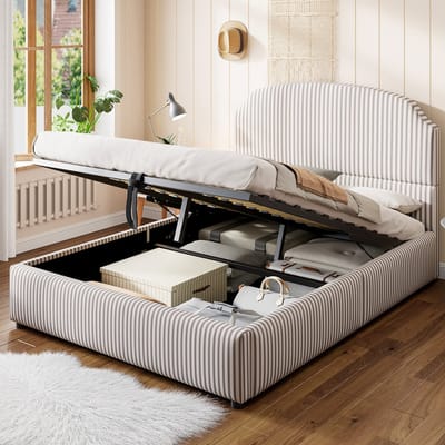 Bed 140 x 200 cm – voorzien van hydraulische opbergfunctie en opbergruimte – tweepersoonsbed – hoogwaardige gestreepte stof – breed hoofdeinde